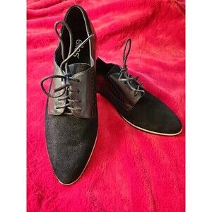 Ellos Lace-Up Oxford Flats Black Suede Leather Brogue Almond Toe Shoes Sz 11 NEW